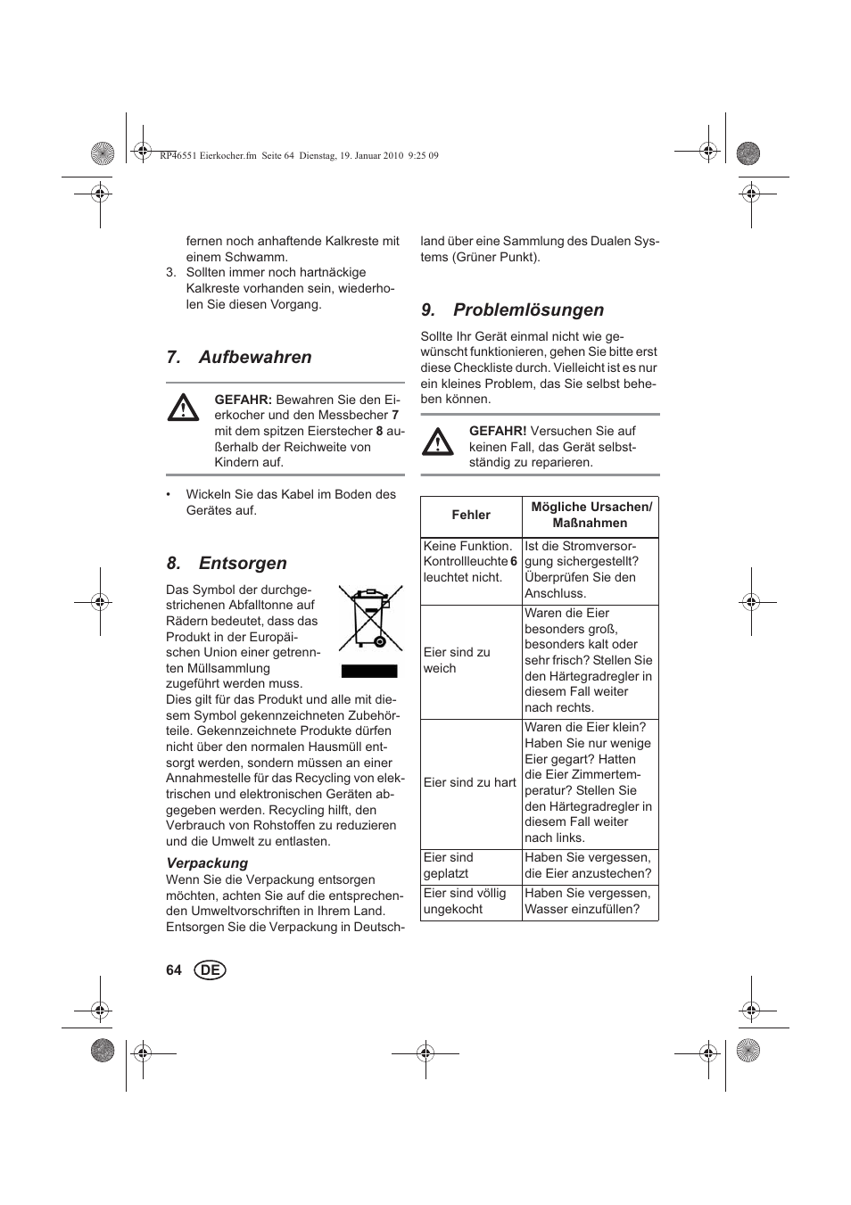 Aufbewahren, Entsorgen, Problemlösungen | Silvercrest H-3278 User Manual | Page 66 / 70