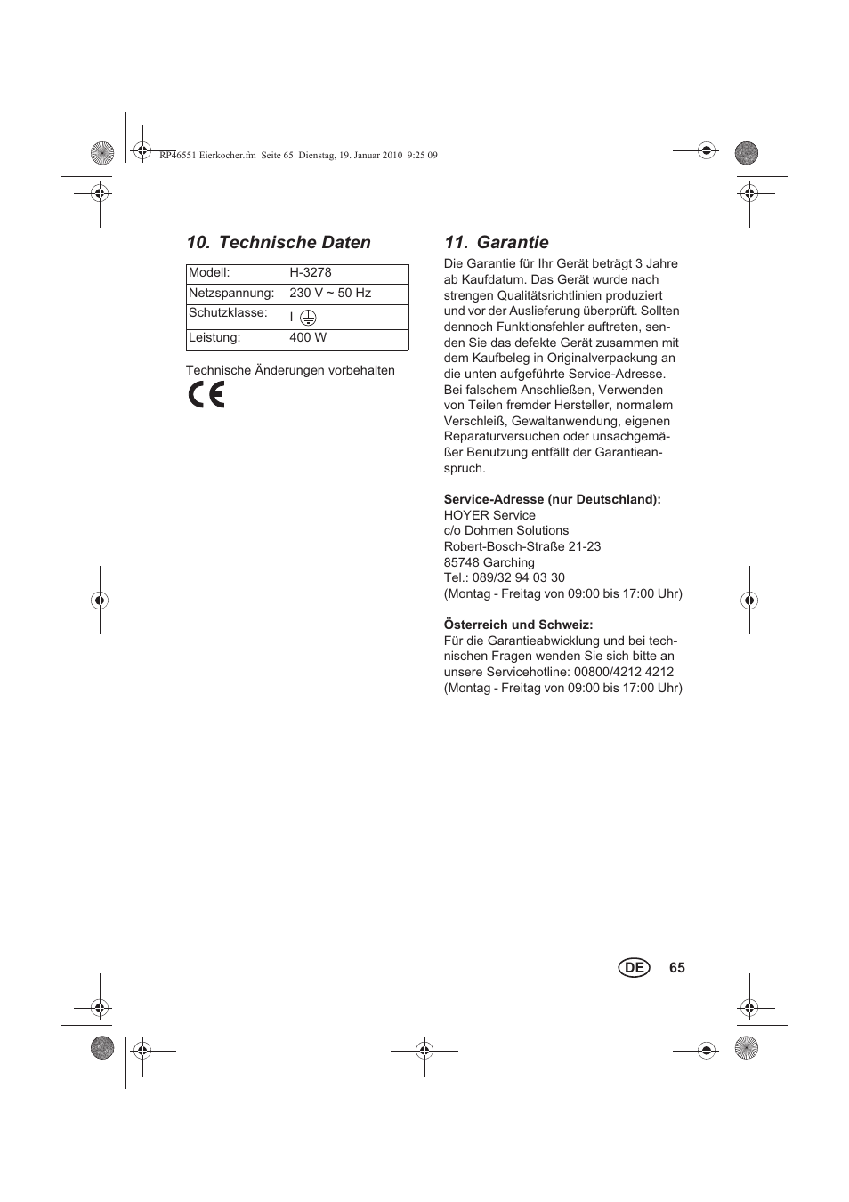 Technische daten, Garantie | Silvercrest H-3278 User Manual | Page 67 / 70