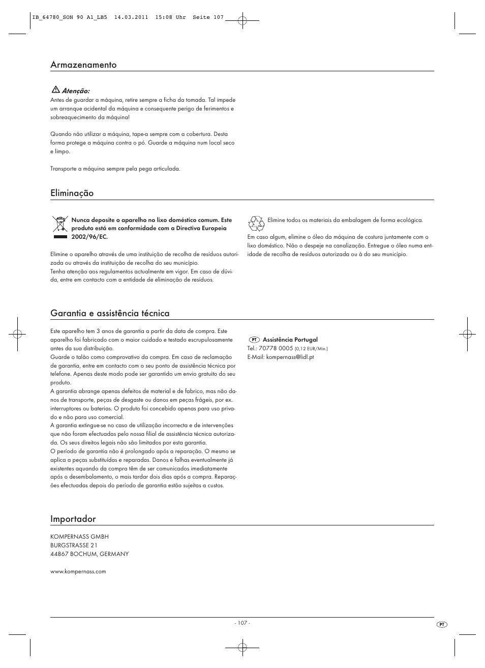 Armazenamento, Eliminação, Garantia e assistência técnica | Importador | Silvercrest SON 90 A1 User Manual | Page 109 / 182