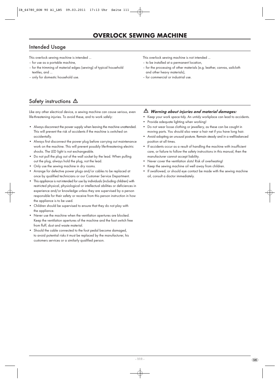Overlock sewing machine, Intended usage, Safety instructions | Silvercrest SON 90 A1 User Manual | Page 113 / 182