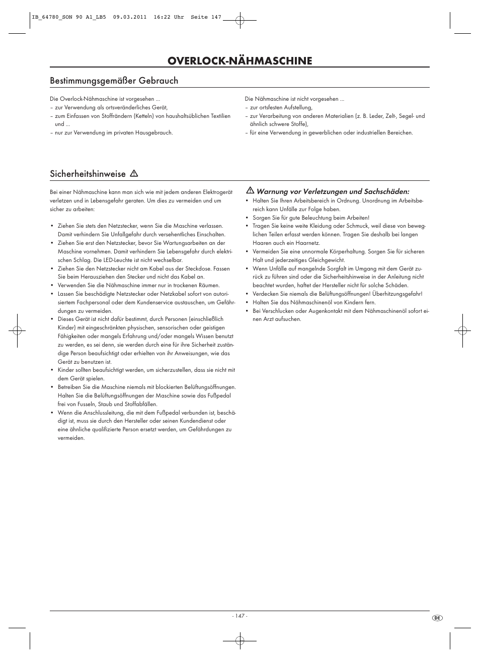Overlock-nähmaschine, Bestimmungsgemäßer gebrauch, Sicherheitshinweise | Silvercrest SON 90 A1 User Manual | Page 149 / 182