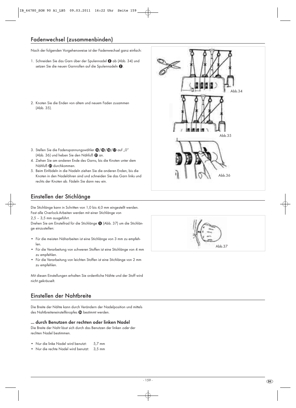 Fadenwechsel (zusammenbinden), Einstellen der stichlänge, Einstellen der nahtbreite | Silvercrest SON 90 A1 User Manual | Page 161 / 182