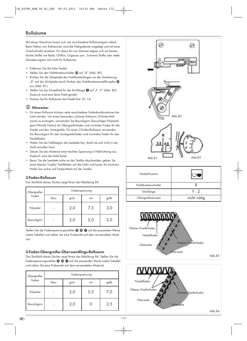 Rollsäume, F - 2, Nicht nötig | Silvercrest SON 90 A1 User Manual | Page 174 / 182