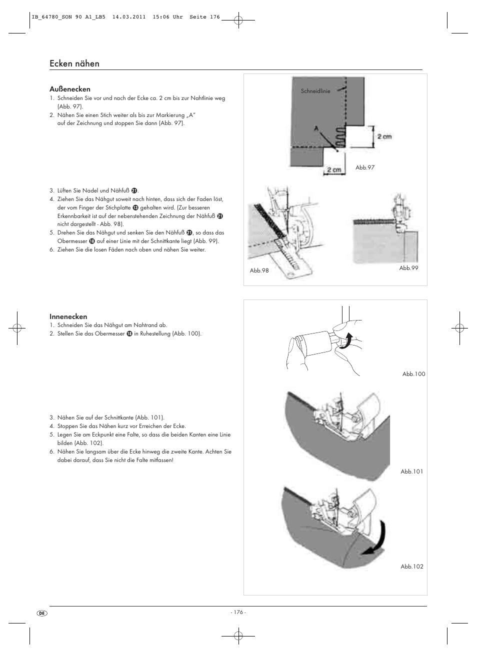 Ecken nähen | Silvercrest SON 90 A1 User Manual | Page 178 / 182