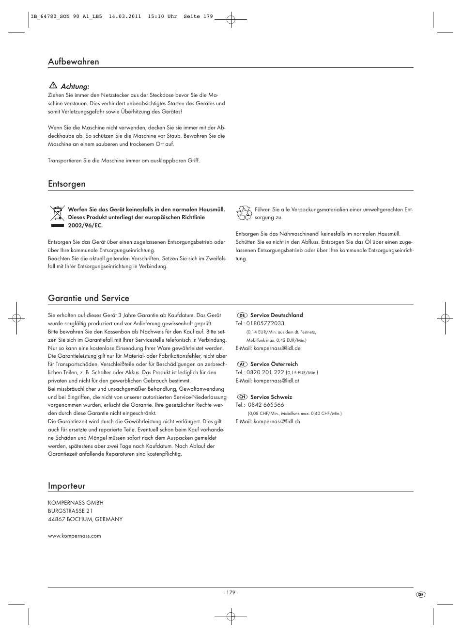 Aufbewahren, Entsorgen, Garantie und service | Importeur | Silvercrest SON 90 A1 User Manual | Page 181 / 182
