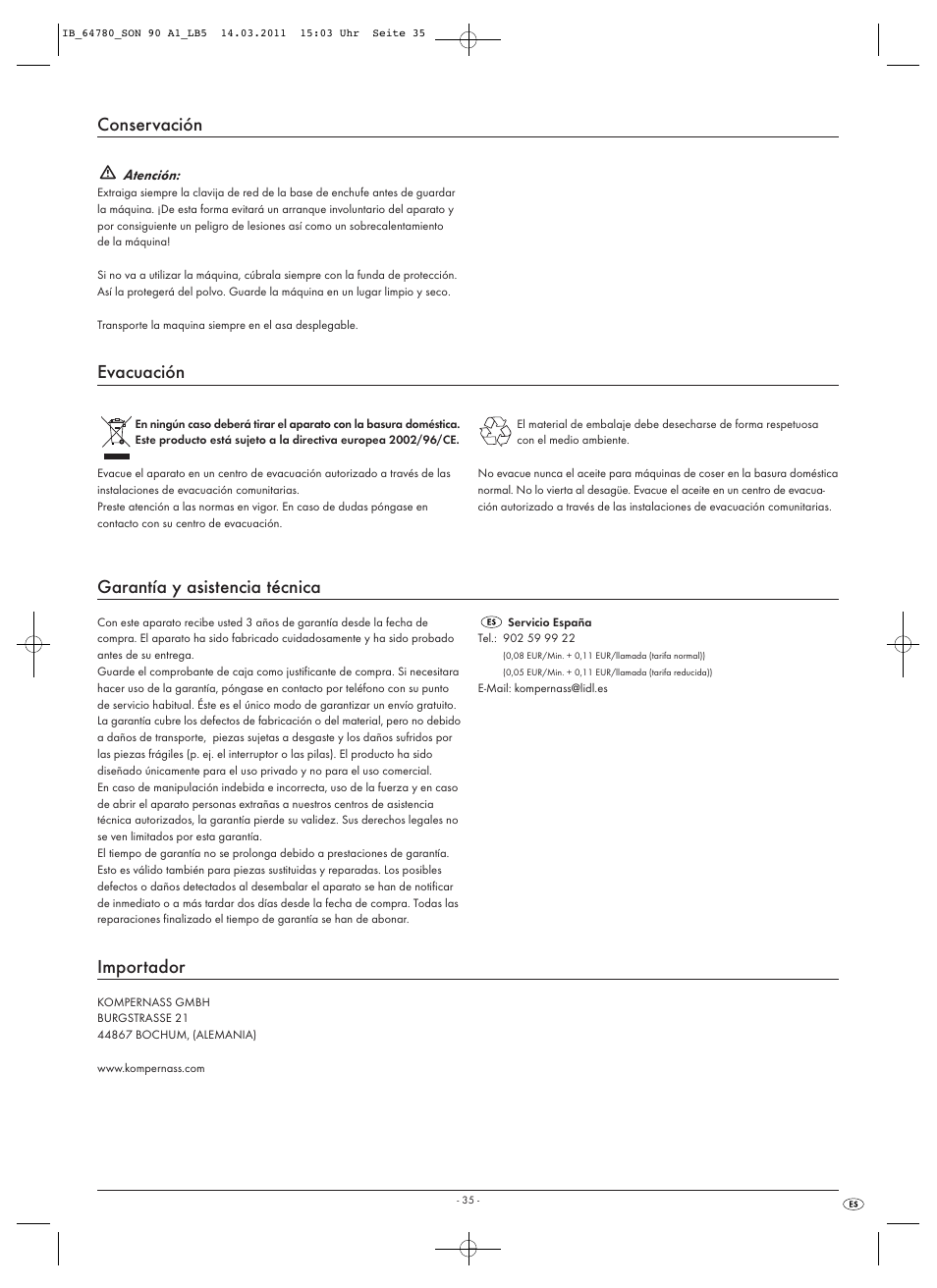 Conservación, Evacuación, Garantía y asistencia técnica | Importador | Silvercrest SON 90 A1 User Manual | Page 37 / 182