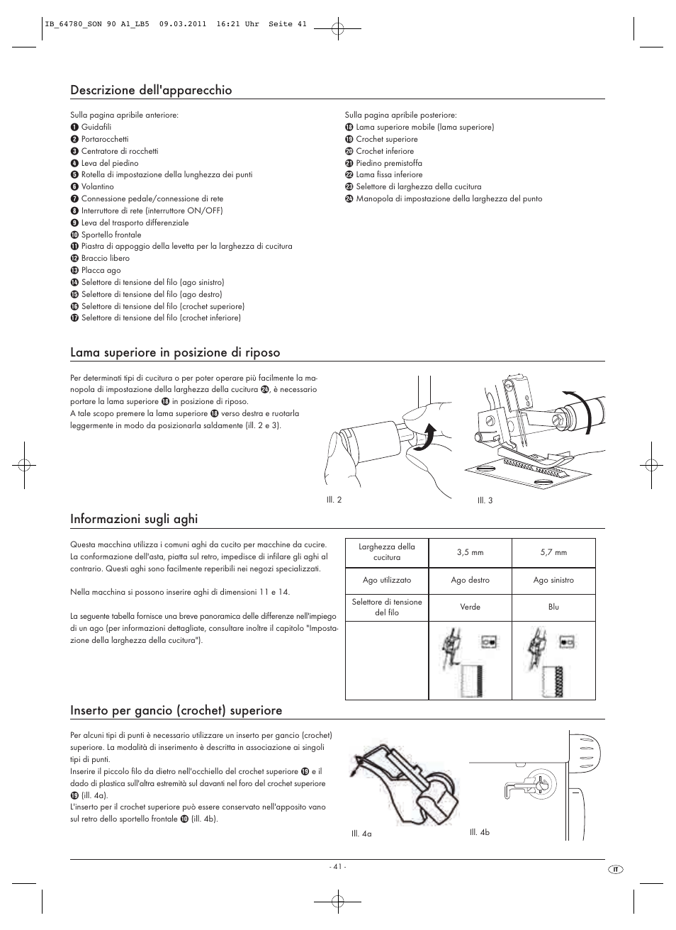 Descrizione dell'apparecchio, Lama superiore in posizione di riposo, Informazioni sugli aghi | Inserto per gancio (crochet) superiore | Silvercrest SON 90 A1 User Manual | Page 43 / 182