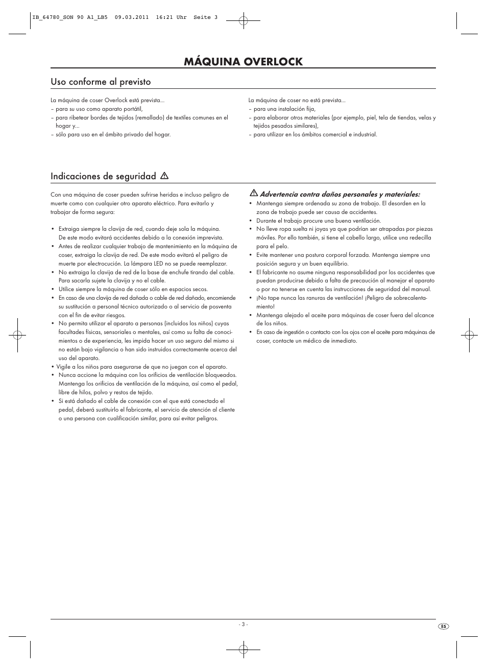 Máquina overlock, Uso conforme al previsto, Indicaciones de seguridad | Silvercrest SON 90 A1 User Manual | Page 5 / 182