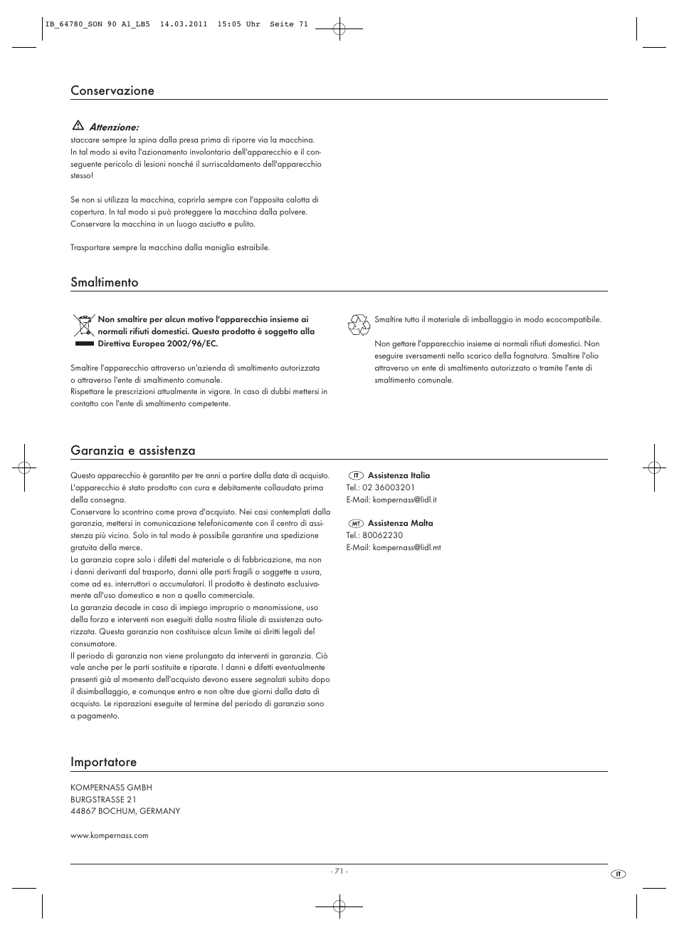 Conservazione, Smaltimento, Garanzia e assistenza | Importatore | Silvercrest SON 90 A1 User Manual | Page 73 / 182