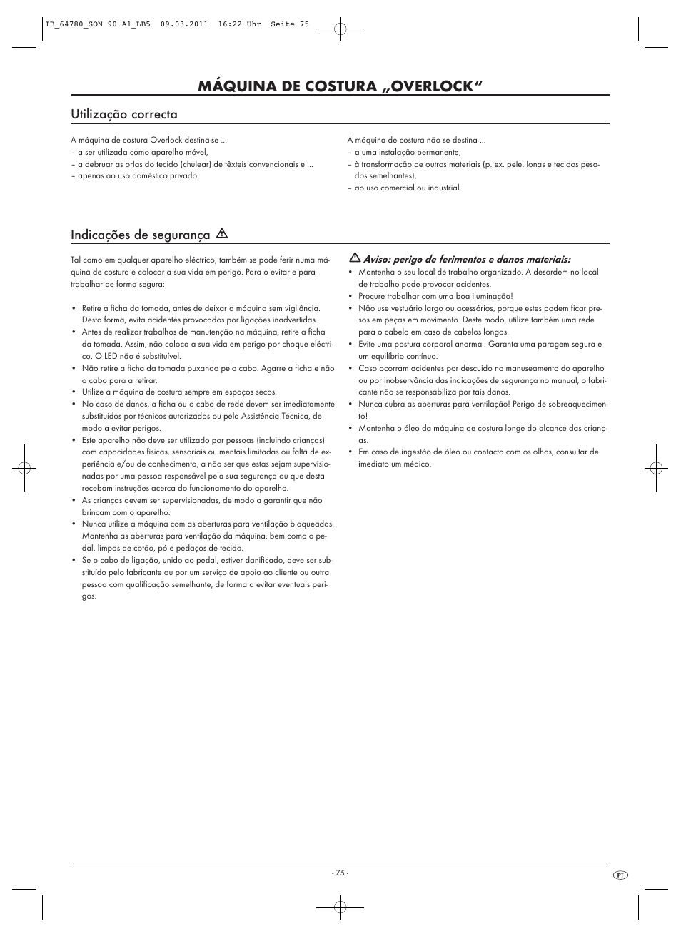 Máquina de costura „overlock, Utilização correcta, Indicações de segurança | Silvercrest SON 90 A1 User Manual | Page 77 / 182