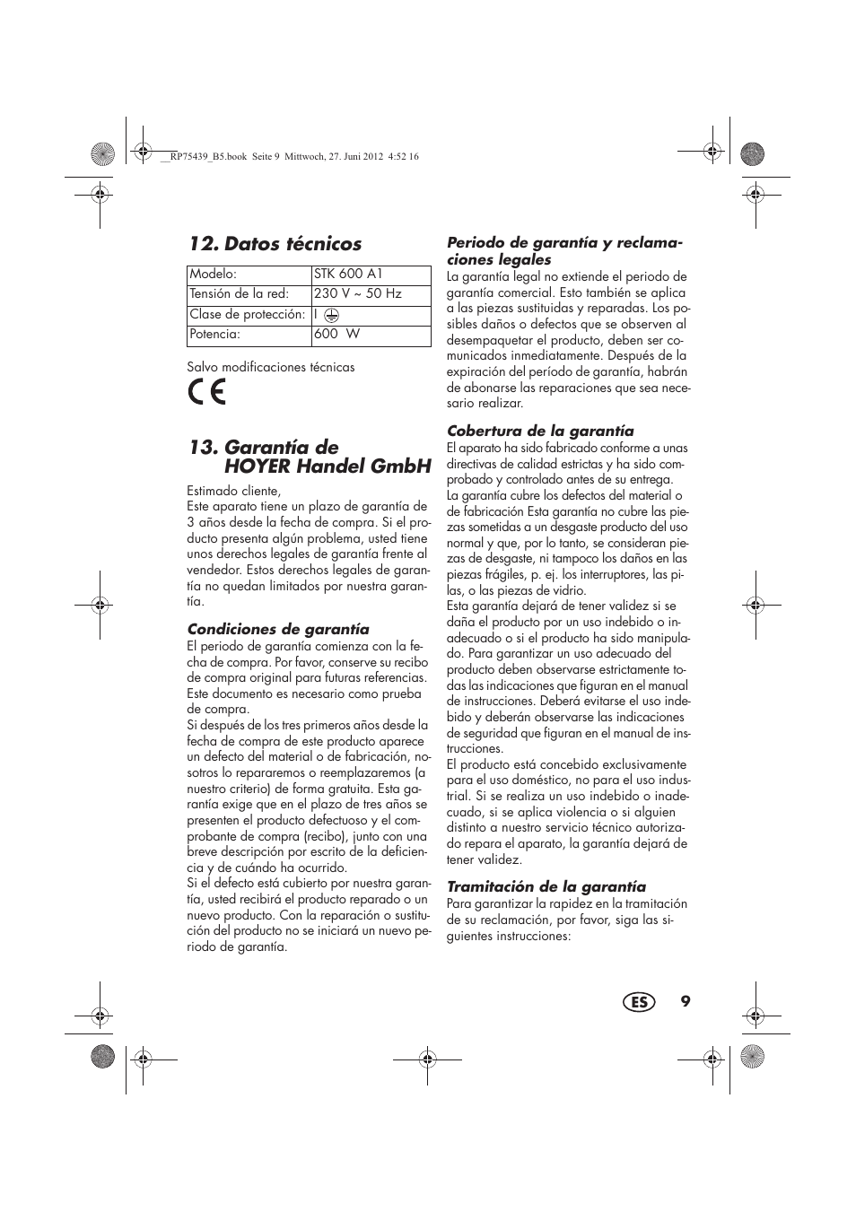 Datos técnicos, Garantía de hoyer handel gmbh | Silvercrest STK 600 A1 User Manual | Page 11 / 54