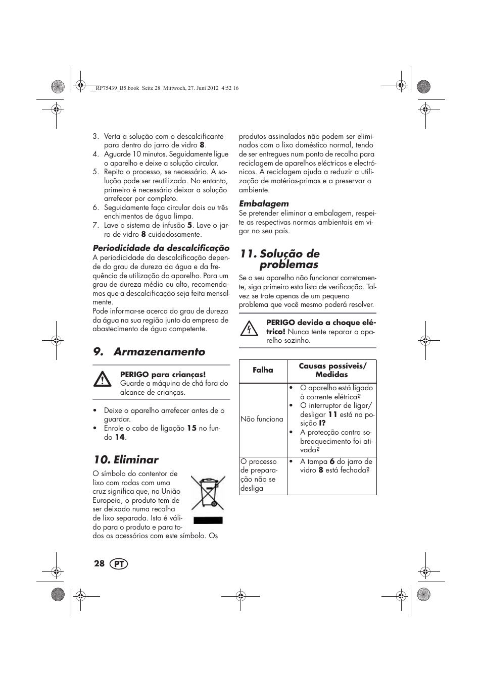 Armazenamento, Eliminar, Solução de problemas | Silvercrest STK 600 A1 User Manual | Page 30 / 54