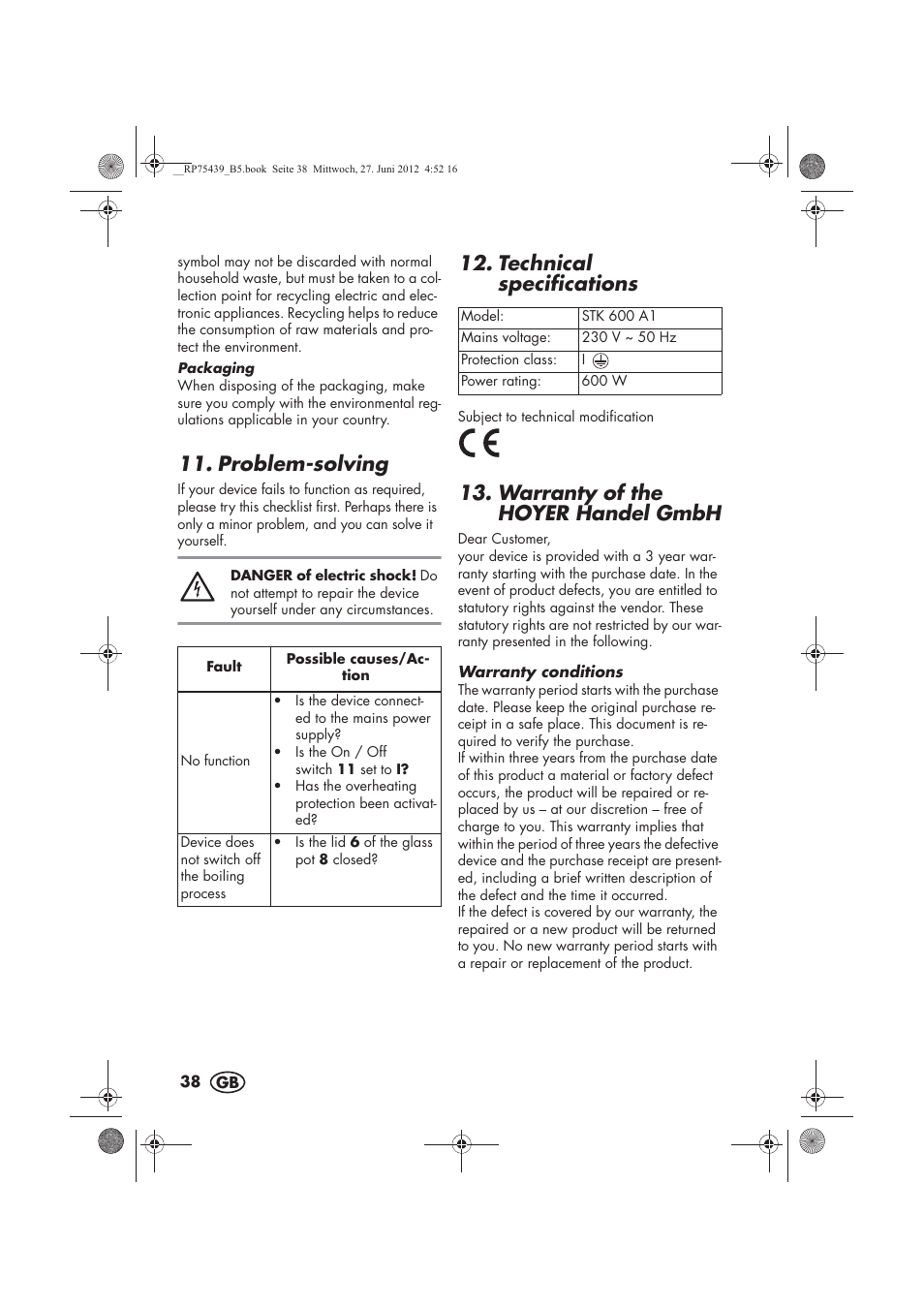 Problem-solving, Technical specifications, Warranty of the hoyer handel gmbh | Silvercrest STK 600 A1 User Manual | Page 40 / 54