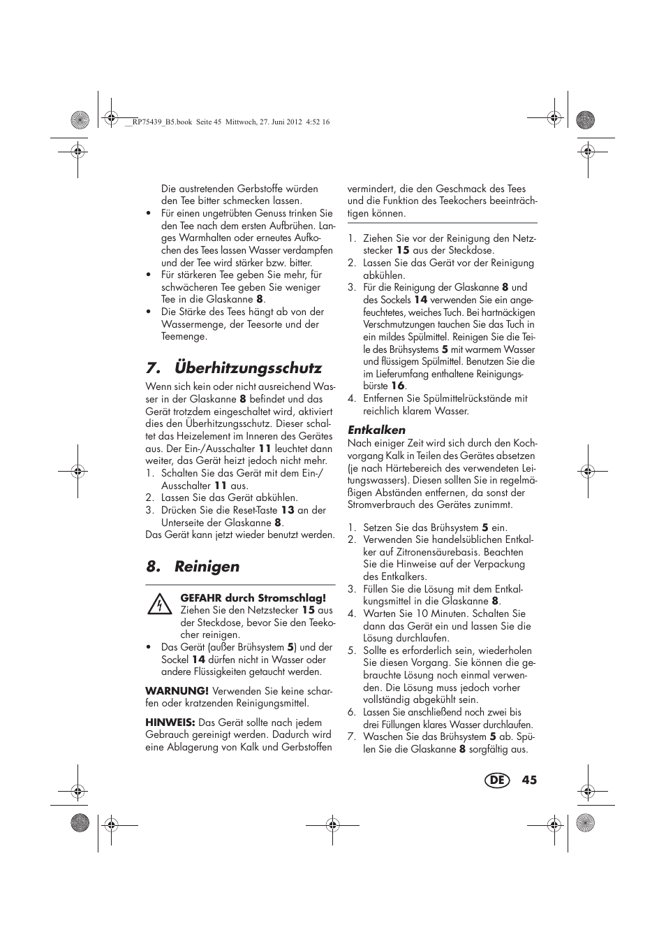 Überhitzungsschutz, Reinigen | Silvercrest STK 600 A1 User Manual | Page 47 / 54