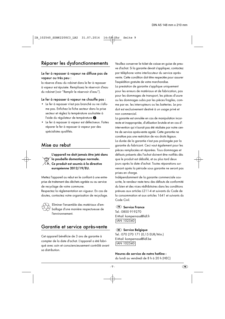 Réparer les dysfonctionnements, Mise au rebut, Garantie et service après-vente | Silvercrest SDBK 2200 C3 User Manual | Page 12 / 33