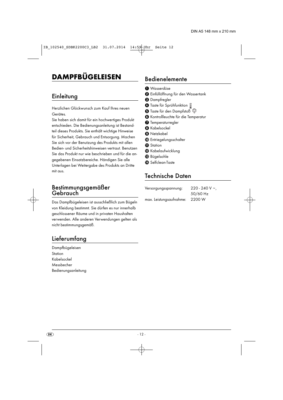 Dampfbügeleisen, Einleitung, Bestimmungsgemäßer gebrauch | Lieferumfang, Bedienelemente, Technische daten | Silvercrest SDBK 2200 C3 User Manual | Page 15 / 33