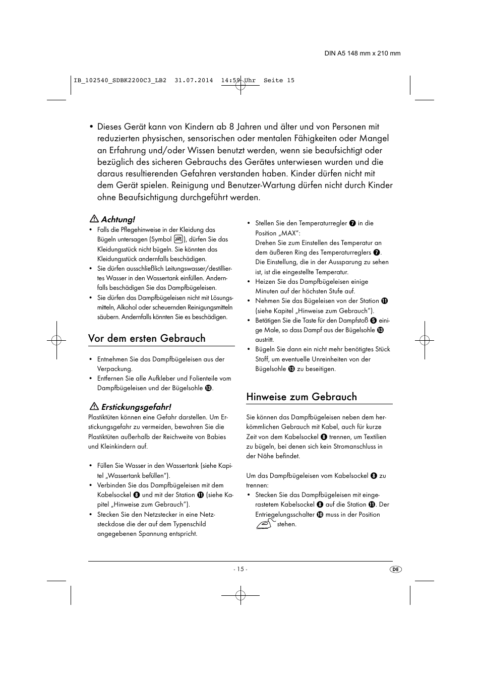 Vor dem ersten gebrauch, Hinweise zum gebrauch, Achtung | Erstickungsgefahr | Silvercrest SDBK 2200 C3 User Manual | Page 18 / 33
