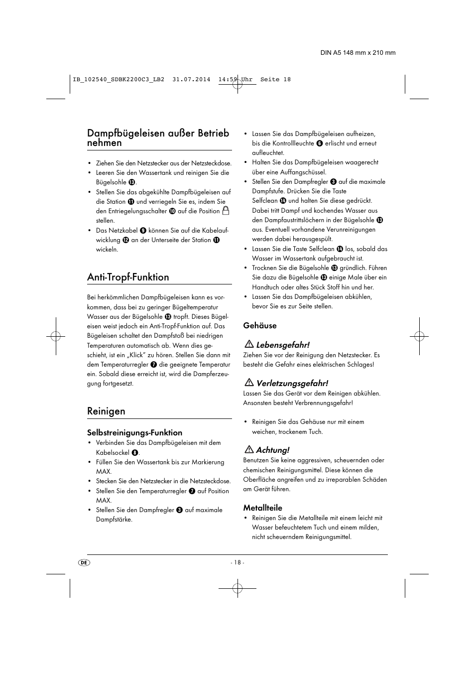 Dampfbügeleisen außer betrieb nehmen, Anti-tropf-funktion, Reinigen | Selbstreinigungs-funktion, Gehäuse lebensgefahr, Verletzungsgefahr, Achtung, Metallteile | Silvercrest SDBK 2200 C3 User Manual | Page 21 / 33