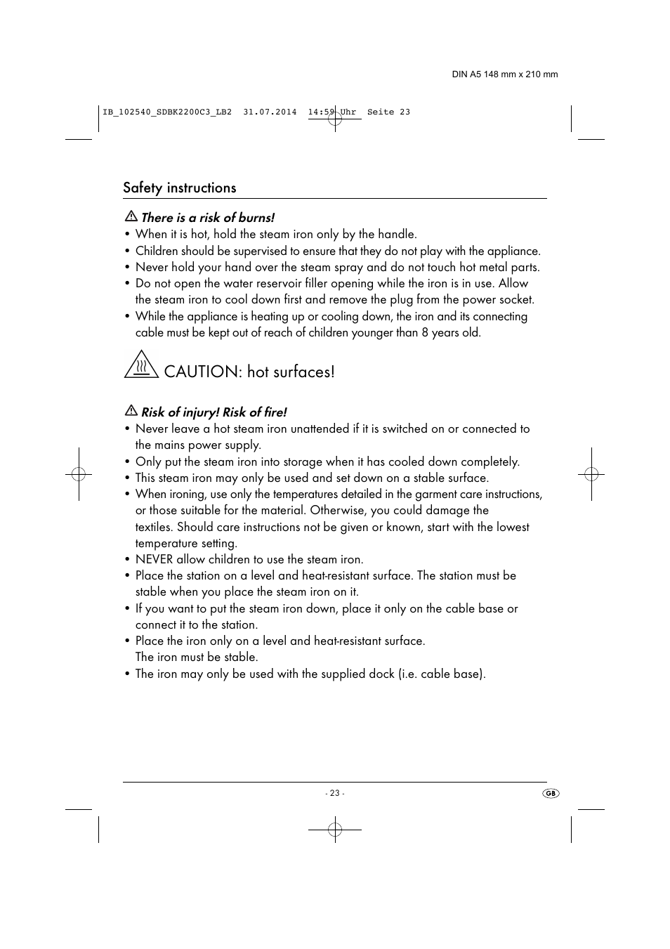 Caution: hot surfaces, Safety instructions | Silvercrest SDBK 2200 C3 User Manual | Page 26 / 33