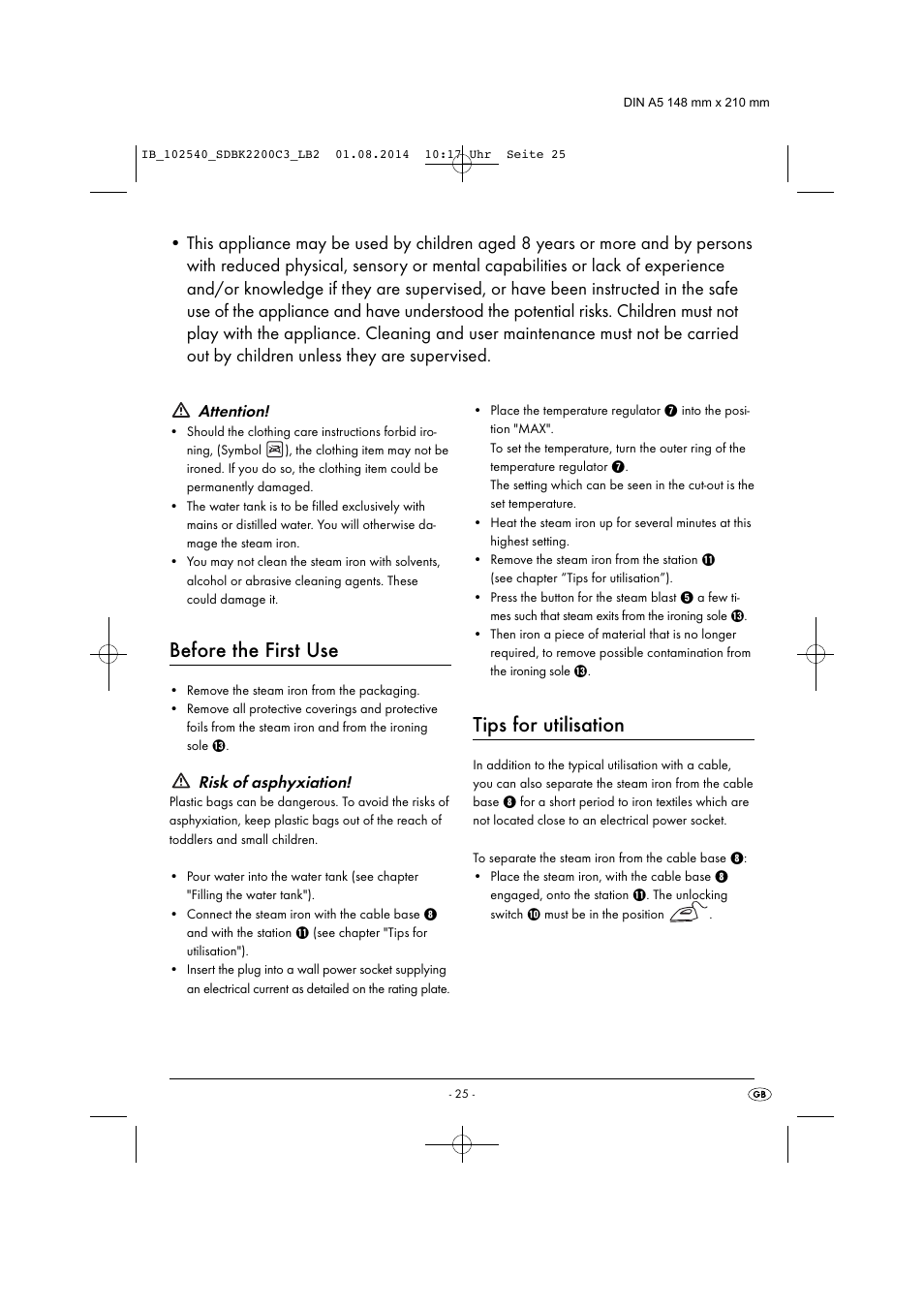Before the first use, Tips for utilisation, Attention | Risk of asphyxiation | Silvercrest SDBK 2200 C3 User Manual | Page 28 / 33
