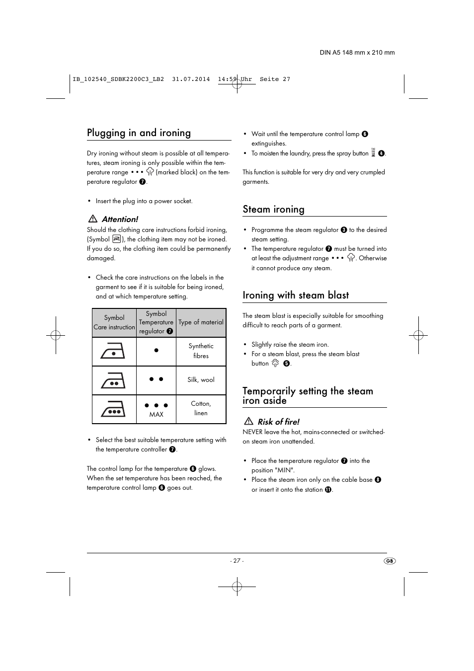 Plugging in and ironing, Steam ironing, Ironing with steam blast | Temporarily setting the steam iron aside | Silvercrest SDBK 2200 C3 User Manual | Page 30 / 33