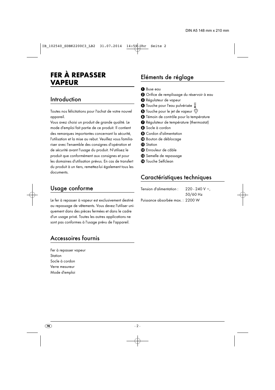 Fer à repasser vapeur, Introduction, Usage conforme | Accessoires fournis, Eléments de réglage, Caractéristiques techniques | Silvercrest SDBK 2200 C3 User Manual | Page 5 / 33