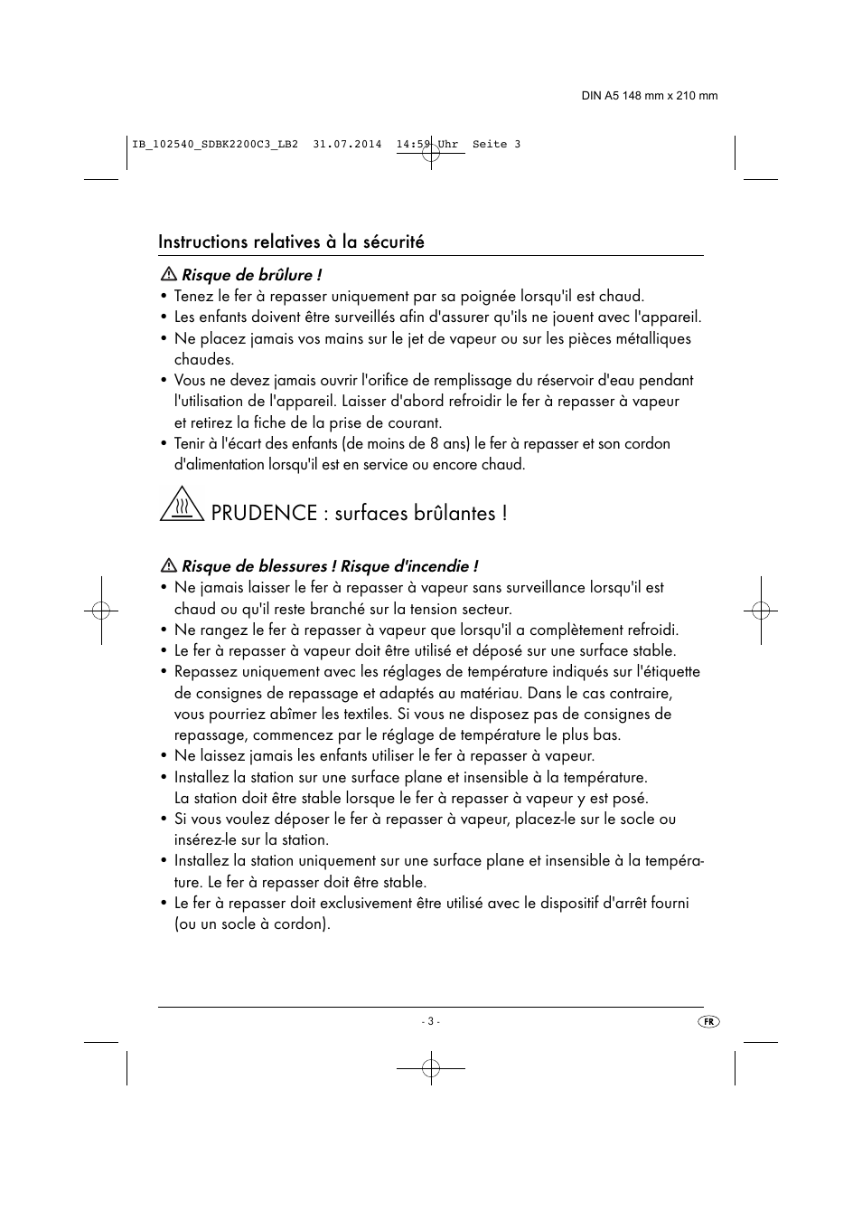 Prudence : surfaces brûlantes, Instructions relatives à la sécurité | Silvercrest SDBK 2200 C3 User Manual | Page 6 / 33