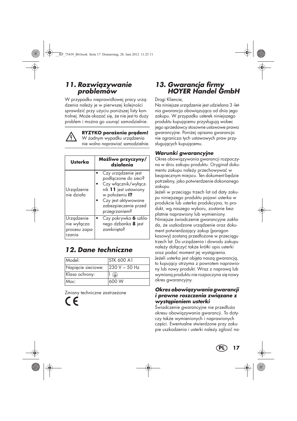 Rozwizywanie problemów, Dane techniczne, Gwarancja firmy hoyer handel gmbh | Silvercrest STK 600 A1 User Manual | Page 19 / 70