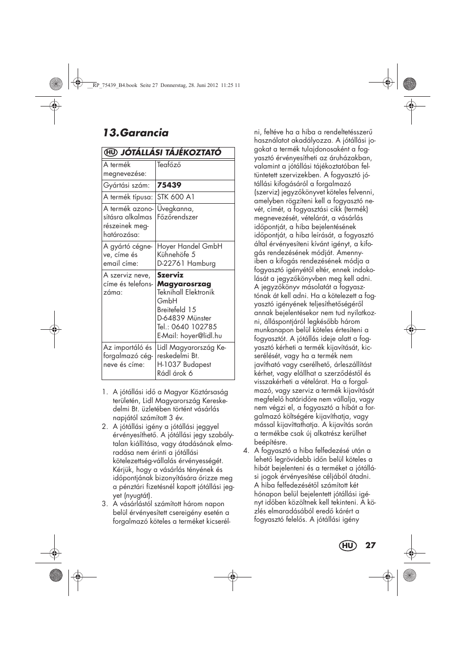 Garancia | Silvercrest STK 600 A1 User Manual | Page 29 / 70