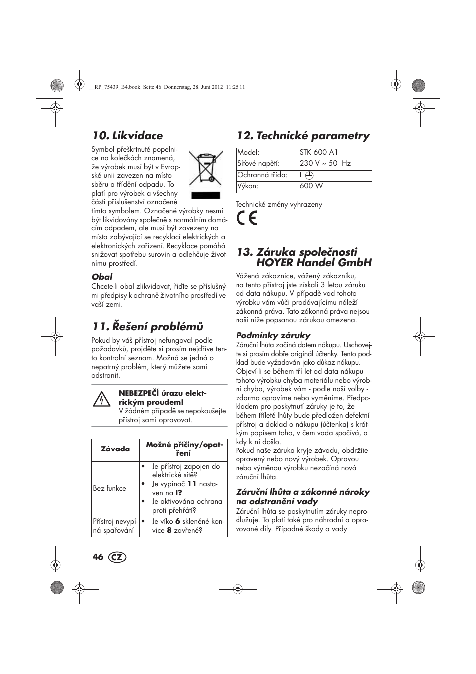 Likvidace, ešení problém, Technické parametry | Záruka spolenosti hoyer handel gmbh | Silvercrest STK 600 A1 User Manual | Page 48 / 70