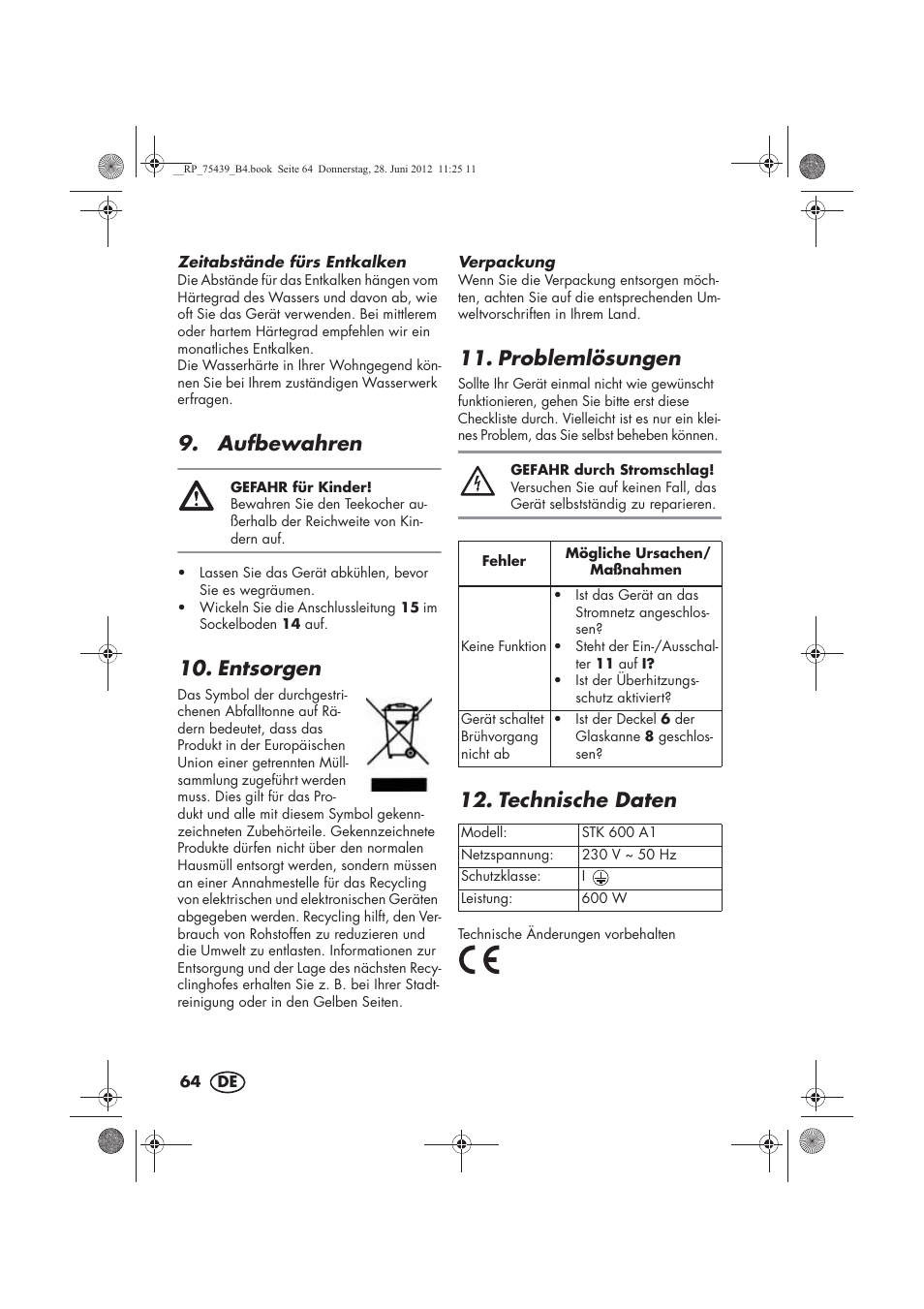 Aufbewahren, Entsorgen, Problemlösungen | Technische daten | Silvercrest STK 600 A1 User Manual | Page 66 / 70