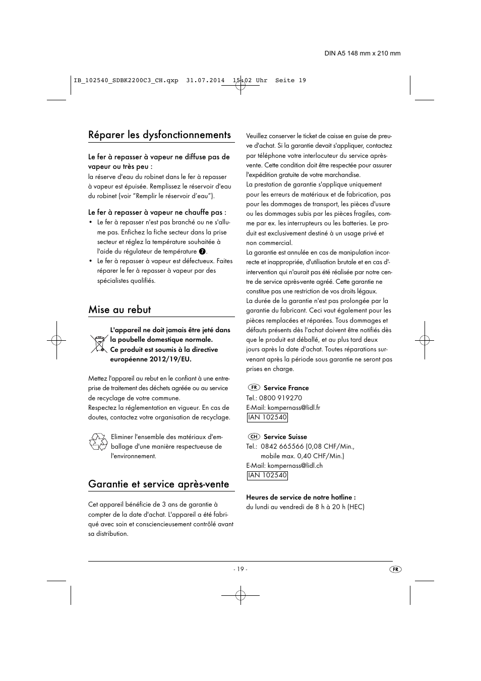Réparer les dysfonctionnements, Mise au rebut, Garantie et service après-vente | Silvercrest SDBK 2200 C3 User Manual | Page 22 / 43