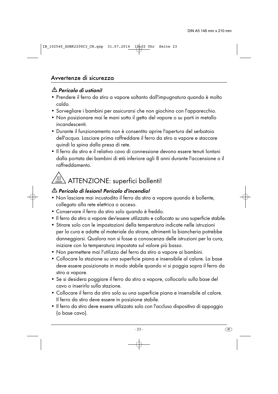Attenzione: superfici bollenti, Avvertenze di sicurezza | Silvercrest SDBK 2200 C3 User Manual | Page 26 / 43