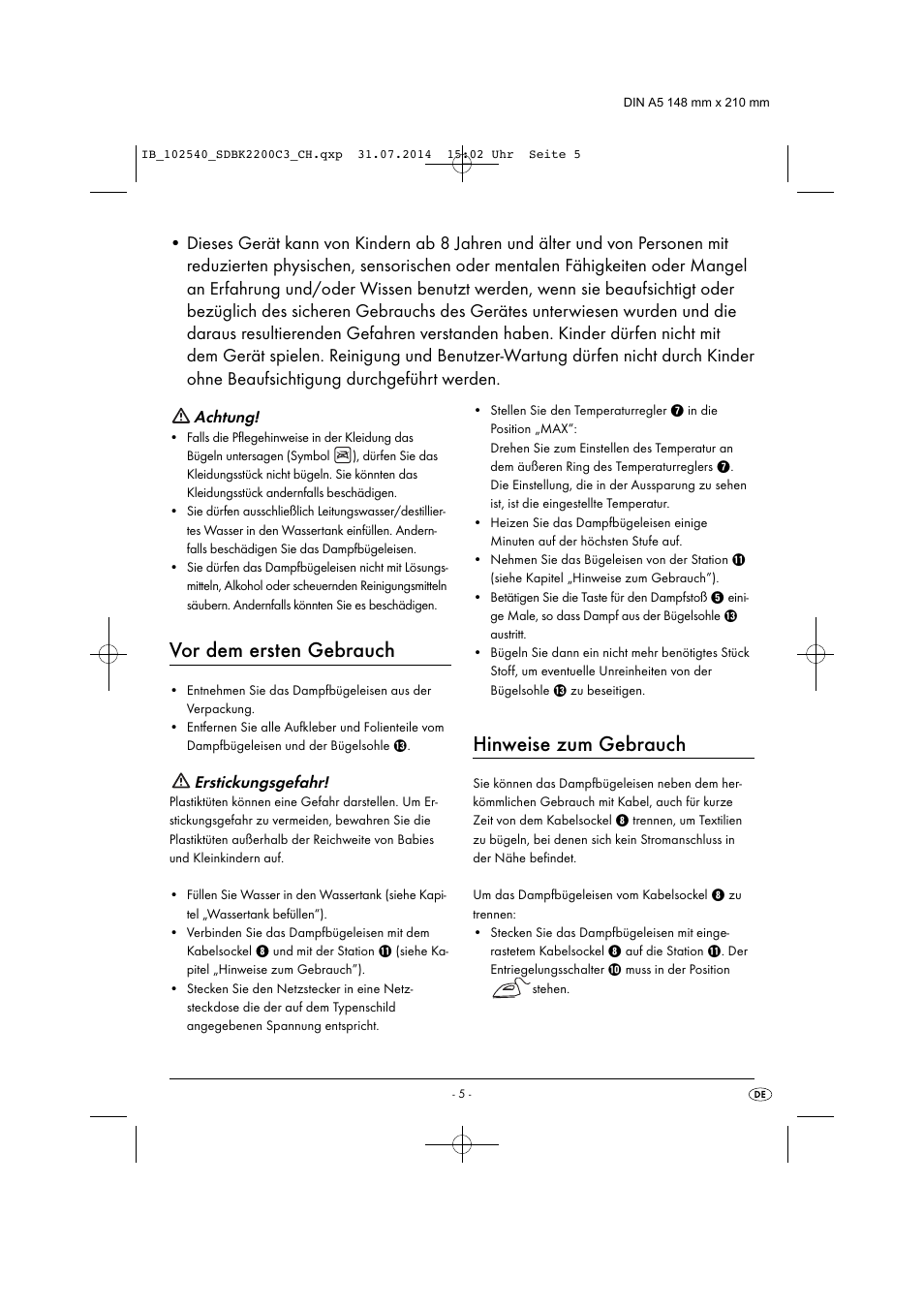 Vor dem ersten gebrauch, Hinweise zum gebrauch, Achtung | Erstickungsgefahr | Silvercrest SDBK 2200 C3 User Manual | Page 8 / 43