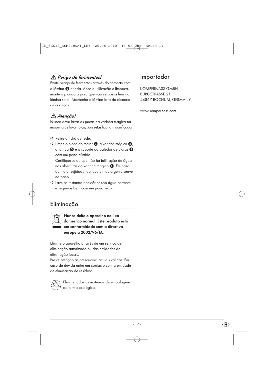 Eliminação, Importador | Silvercrest SSMS 600 A1 User Manual | Page 19 / 32