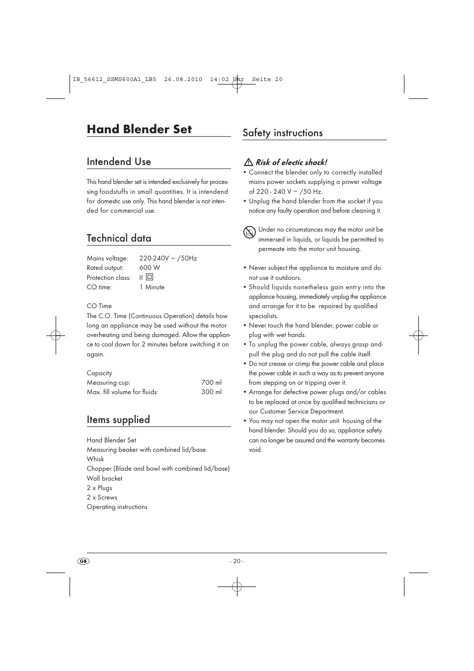 Hand blender set, Intendend use, Technical data | Items supplied, Safety instructions, Risk of electic shock | Silvercrest SSMS 600 A1 User Manual | Page 22 / 32