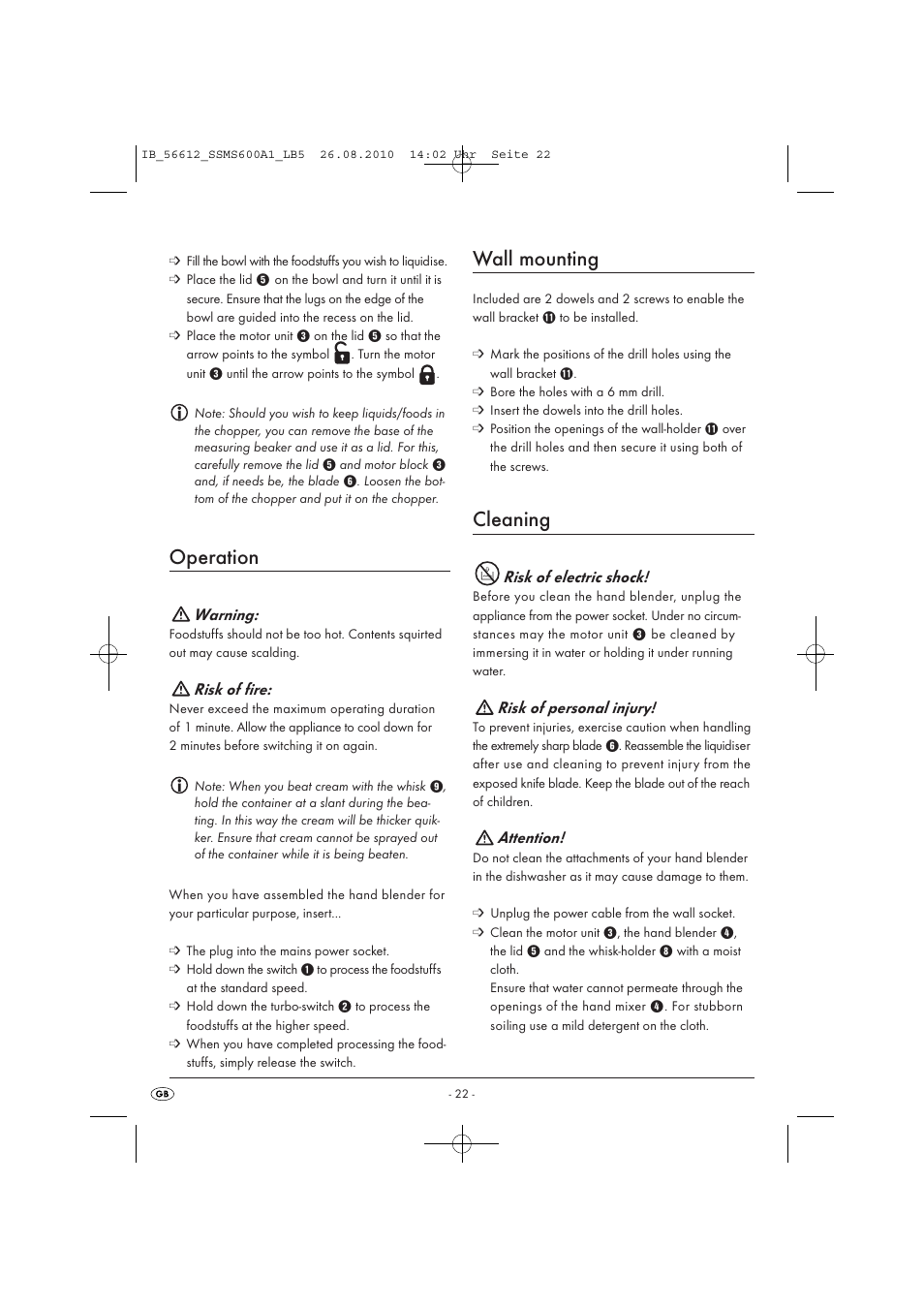 Operation, Wall mounting, Cleaning | Warning, Risk of fire, Risk of electric shock, Risk of personal injury, Attention | Silvercrest SSMS 600 A1 User Manual | Page 24 / 32