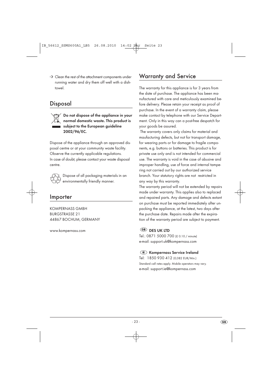Disposal, Importer, Warranty and service | Silvercrest SSMS 600 A1 User Manual | Page 25 / 32