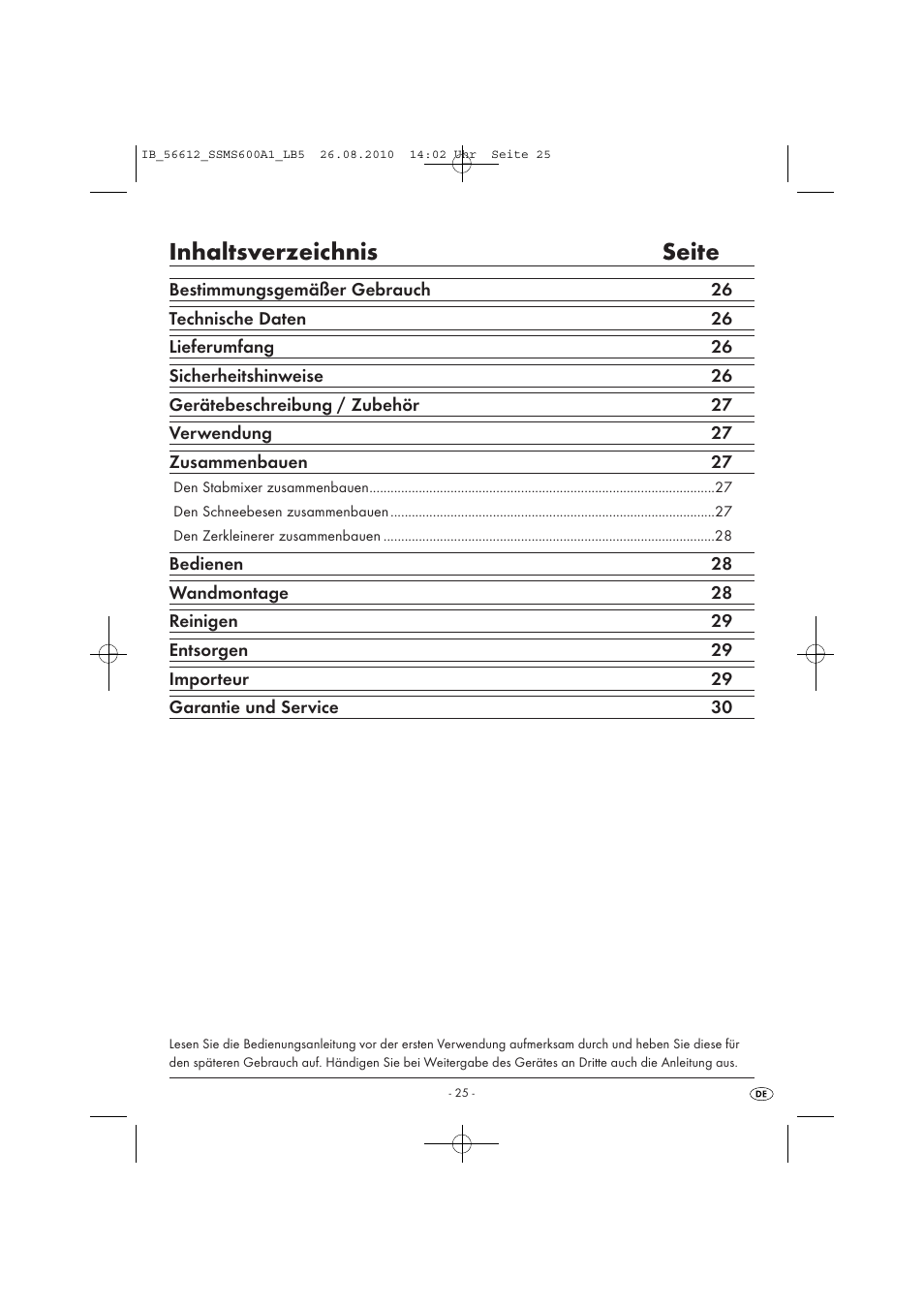 Inhaltsverzeichnis seite | Silvercrest SSMS 600 A1 User Manual | Page 27 / 32