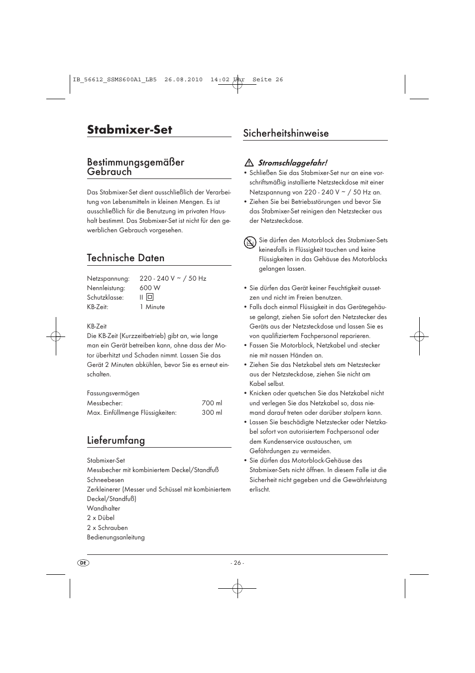 Stabmixer-set, Bestimmungsgemäßer gebrauch, Technische daten | Lieferumfang, Sicherheitshinweise | Silvercrest SSMS 600 A1 User Manual | Page 28 / 32