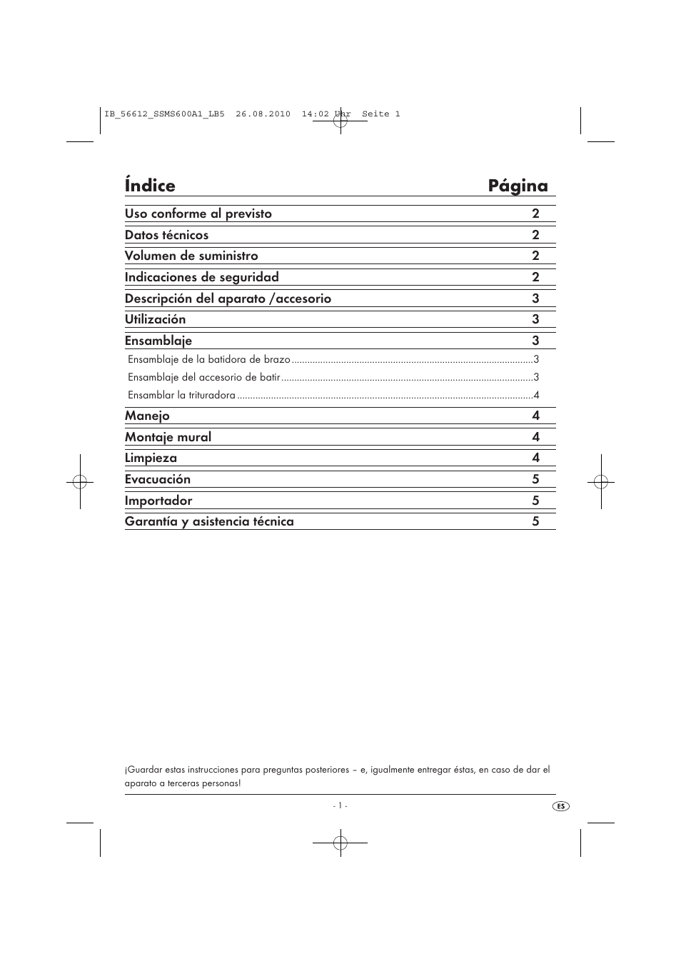 Índice página | Silvercrest SSMS 600 A1 User Manual | Page 3 / 32