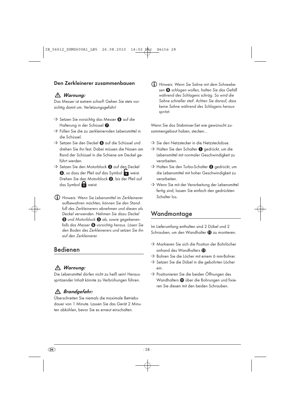 Bedienen, Wandmontage, Den zerkleinerer zusammenbauen warnung | Warnung, Brandgefahr | Silvercrest SSMS 600 A1 User Manual | Page 30 / 32