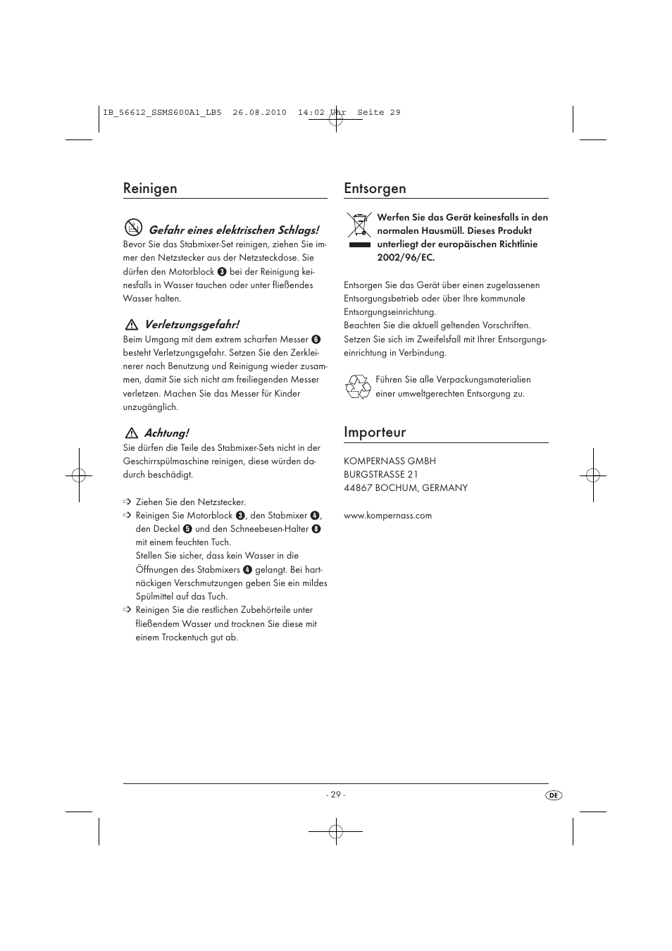 Reinigen, Entsorgen, Importeur | Silvercrest SSMS 600 A1 User Manual | Page 31 / 32