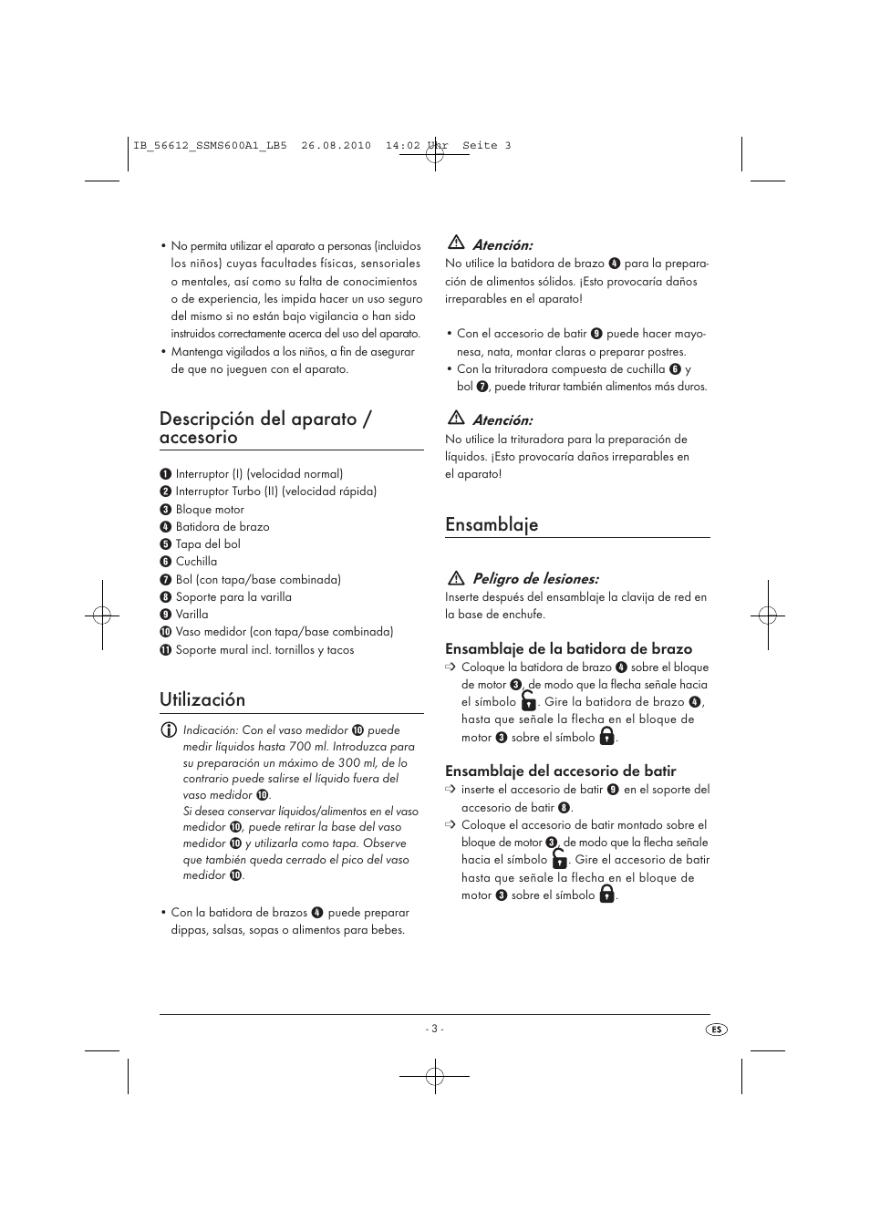 Descripción del aparato / accesorio, Utilización, Ensamblaje | Silvercrest SSMS 600 A1 User Manual | Page 5 / 32
