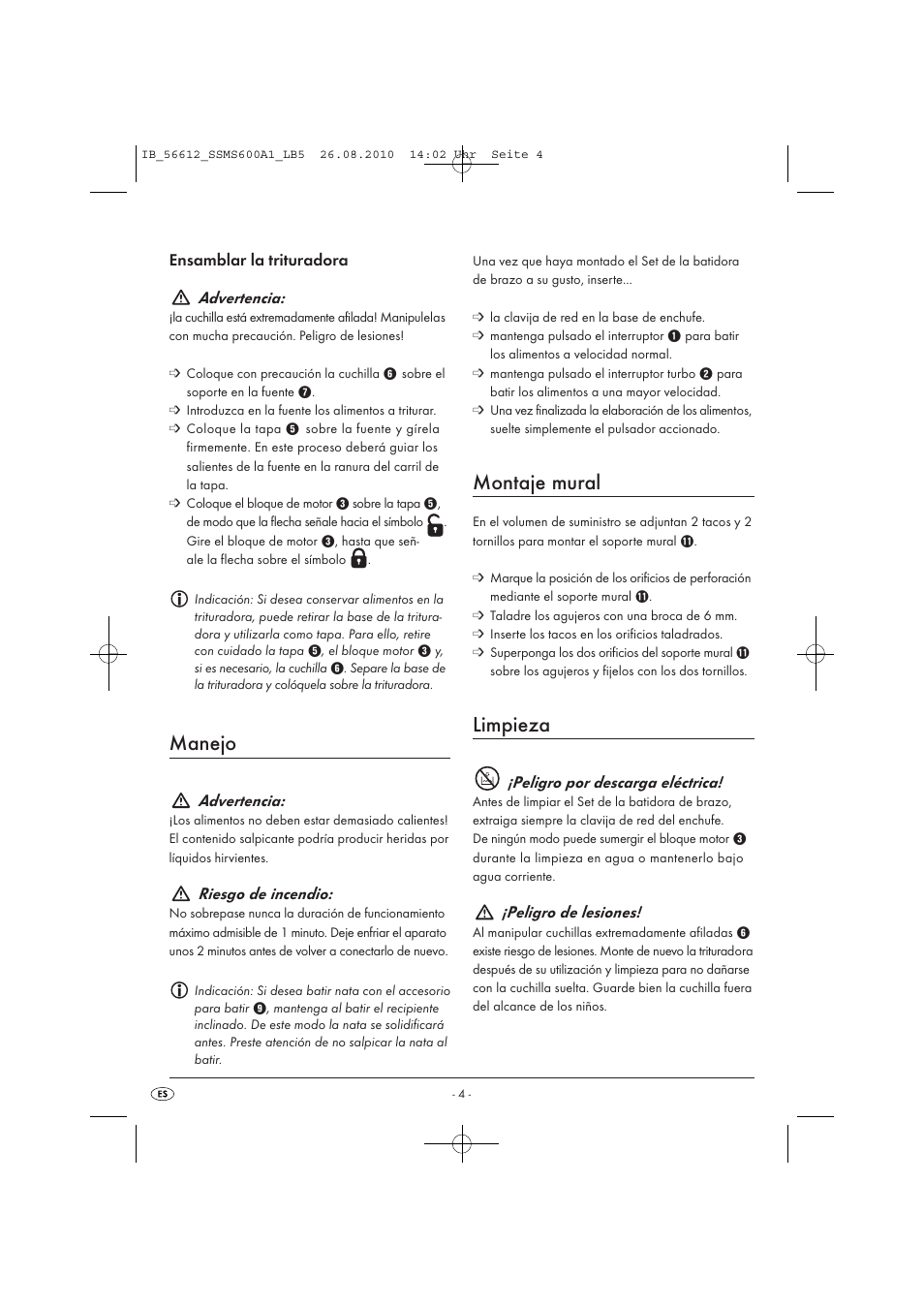 Manejo, Montaje mural, Limpieza | Ensamblar la trituradora advertencia, Advertencia, Riesgo de incendio, Peligro por descarga eléctrica, Peligro de lesiones | Silvercrest SSMS 600 A1 User Manual | Page 6 / 32