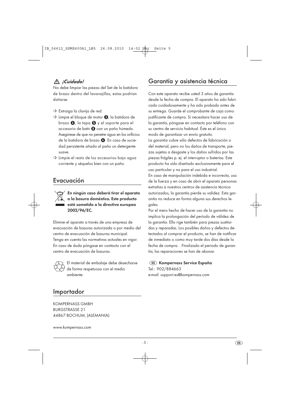 Evacuación, Importador, Garantía y asistencia técnica | Silvercrest SSMS 600 A1 User Manual | Page 7 / 32