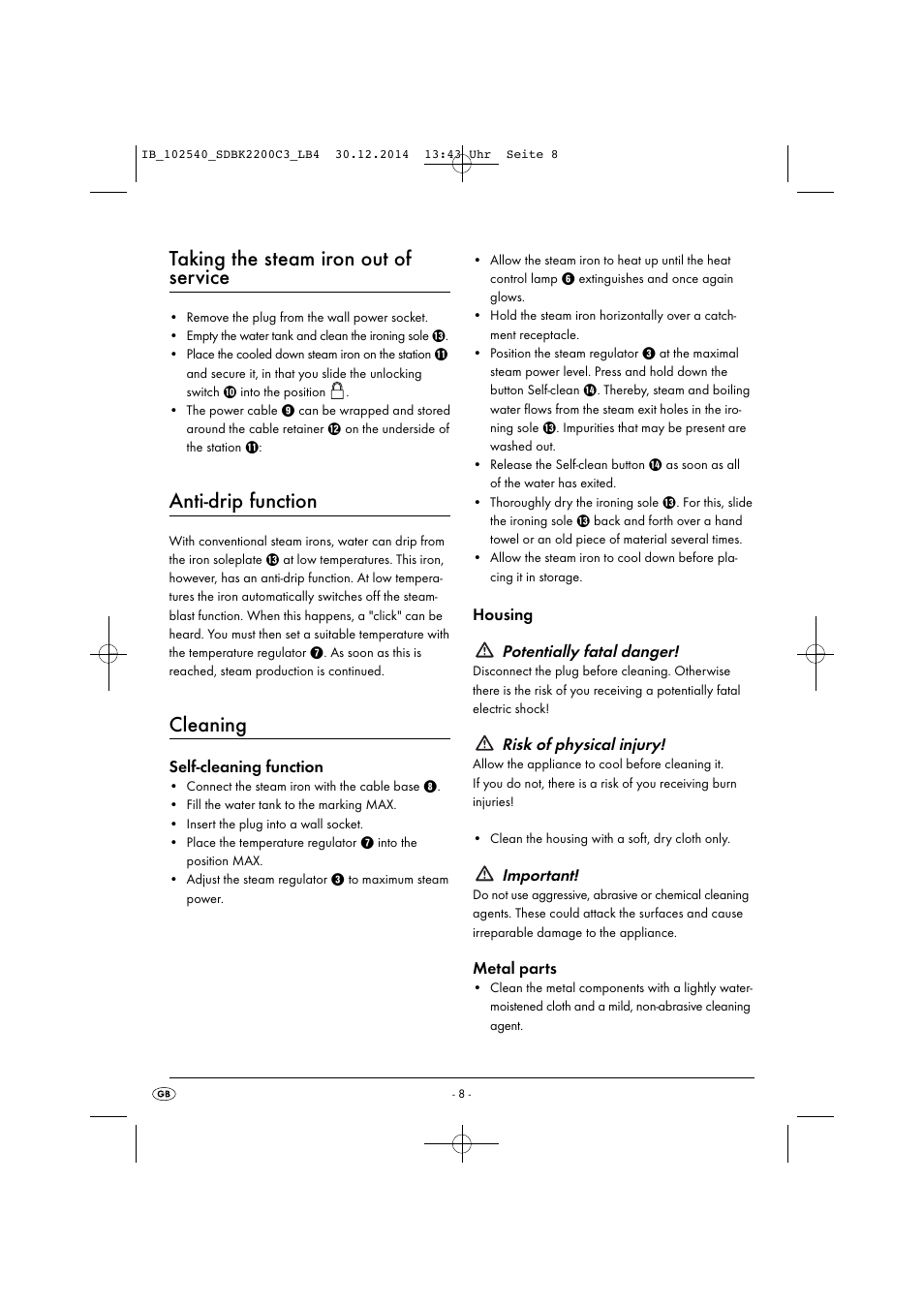 Taking the steam iron out of service, Anti-drip function, Cleaning | Silvercrest SDBK 2200 C3 User Manual | Page 11 / 73