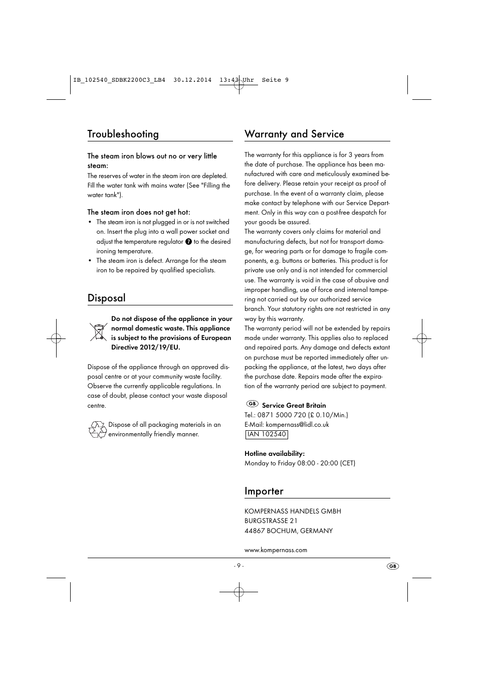 Troubleshooting, Disposal, Warranty and service | Importer | Silvercrest SDBK 2200 C3 User Manual | Page 12 / 73