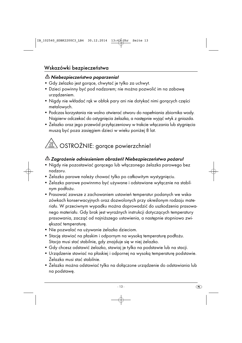Ostrożnie: gorące powierzchnie, Wskazówki bezpieczeństwa | Silvercrest SDBK 2200 C3 User Manual | Page 16 / 73