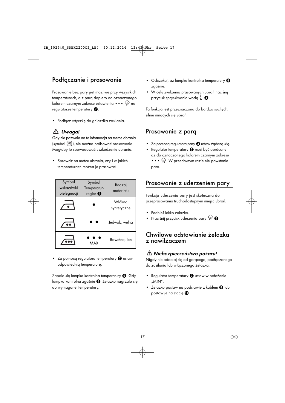 Podłączanie i prasowanie, Prasowanie z parą, Prasowanie z uderzeniem pary | Chwilowe odstawianie żelazka z nawilżaczem | Silvercrest SDBK 2200 C3 User Manual | Page 20 / 73